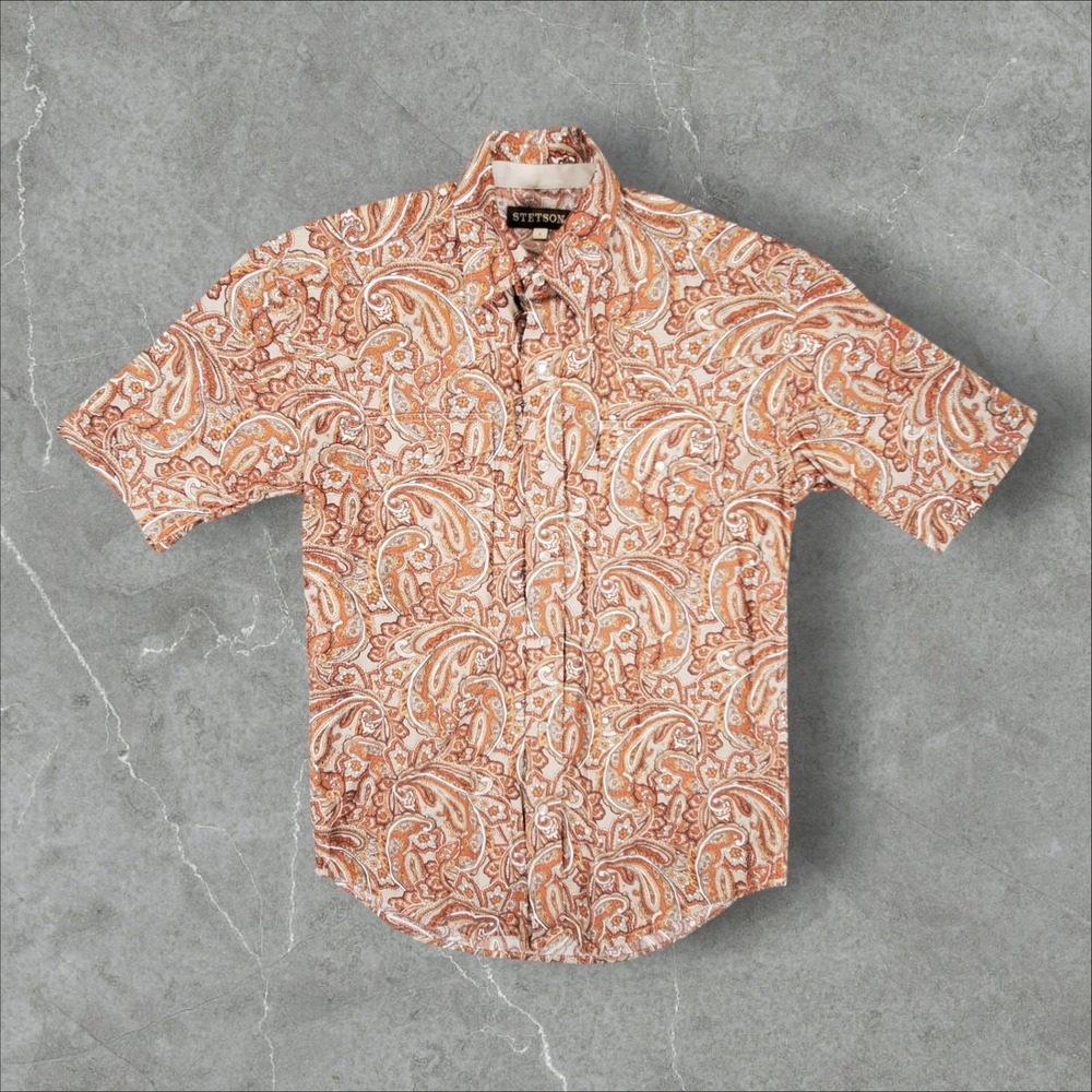 Stetson Paisley Western Shirt Mens Small Orange Short Sleeve Pearl Snap Cotton